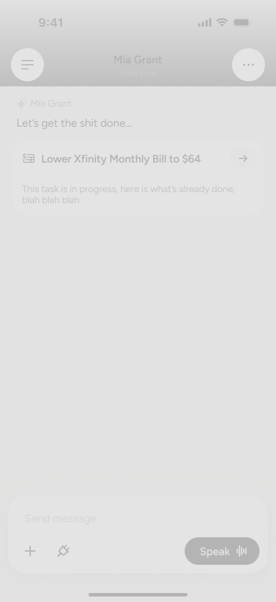 A live task in chat — Pine lowering a user's Xfinity bill